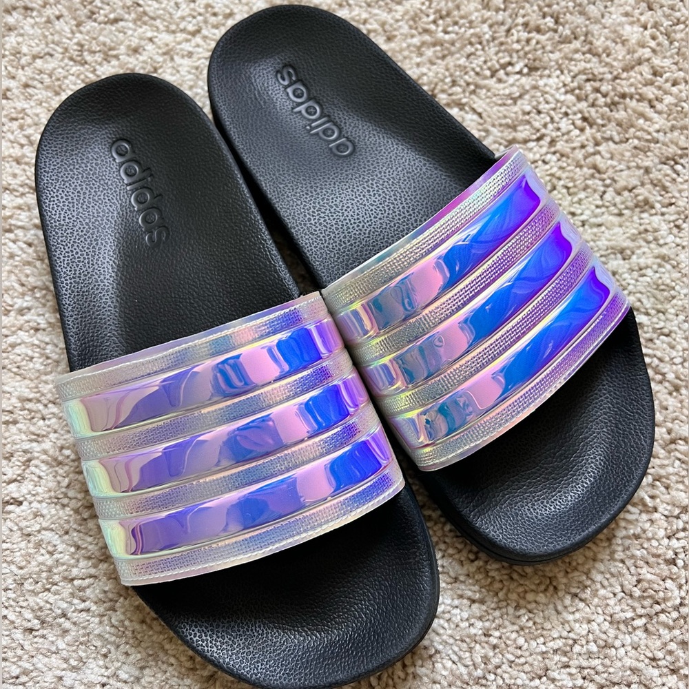ADIDAS iridescent metallic lilac blue slippers 7.5